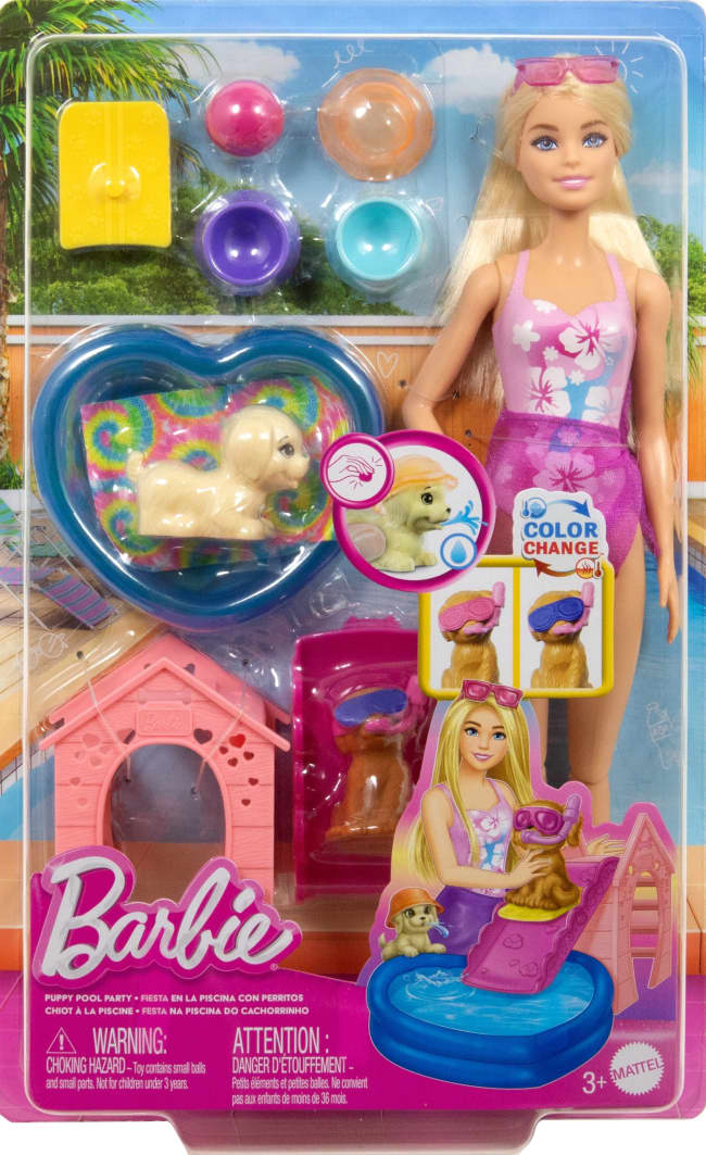 Barbie Fiesta De Cachorros En La Piscina Conjunto De Juego Con Muñeca, Piscina, Casita Para Perros Y Tobogán, DOS Figuras De Mascotas Y Seis Accesorios