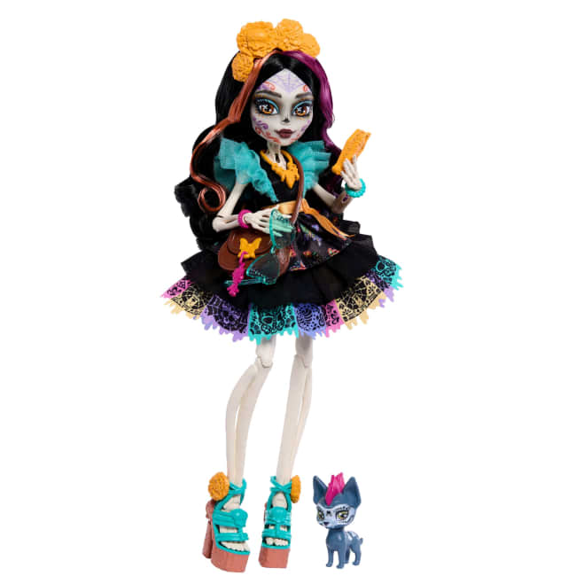 Monster High Skelita Calaveras-Modepuppe in Rüschenkleid Mit Haustier Candelita Und 7 Zubehörteilen
