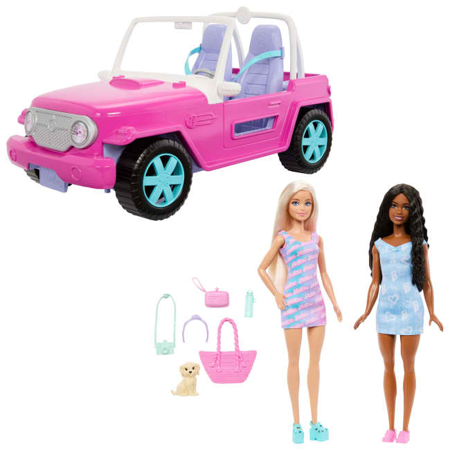 Barbie Samochód terenowy i 2 lalki Zestaw, figurka pieska i akcesoria dla lalek Zabawki dla dzieci 3+