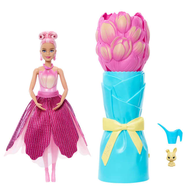 Barbie Petal Pop Kokulu Bebek, Lale Şeklinde Pembe Bir Elbise Giyen Bebek, Minik Tavşan Gibi Sürpriz Aksesuarlar