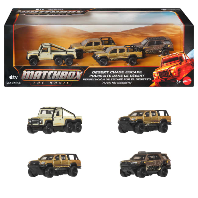 Matchbox The Movie Pustynny pościg Pojazdy 4-pak w skali 1:64 Zestaw filmowy Zabawki auta dla dzieci 3+, fanów i kolekcjonerów