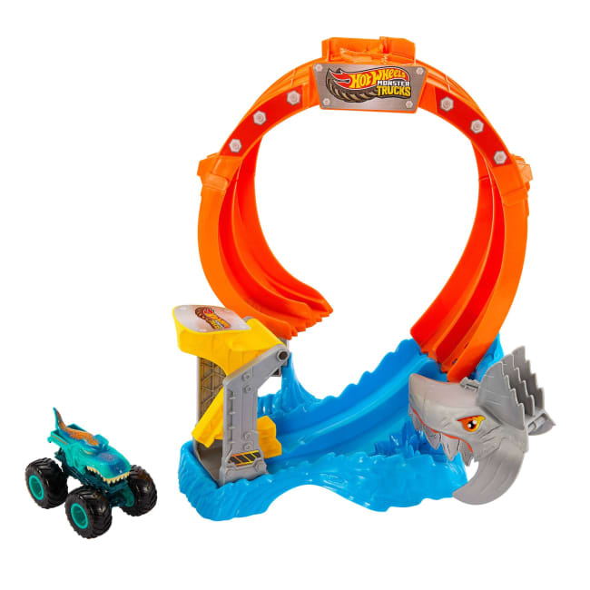 Hot Wheels Monster Trucks Pętla rekina Tor z kraksą + pojazd MEGA-Wrex w skali 1:64 Zestaw Zabawka 4+