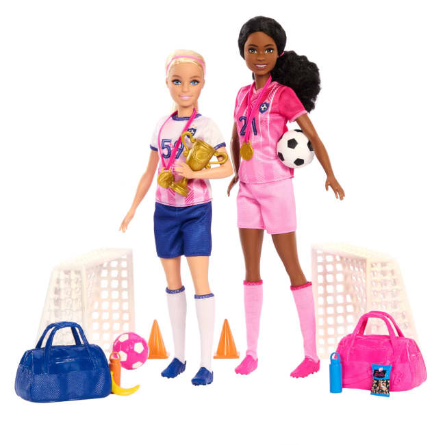Conjunto De Juego De Futbolistas De Barbie Con 2 Muñecas Y 15 Accesorios, Que Incluyen 2 Porterías, 2 Balones De Fútbol Y Mucho Más