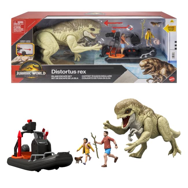 Conjunto De Historia De “Jurassic World: El Renacer” Con Balsa, Distortus Rex, Adulto, Niña Y Aquilops, Escape De La Isla