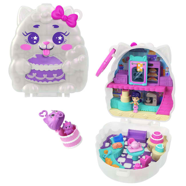 Polly Pocket Kotek – Słodkie wypieki Zestaw kompaktowy + mikrolalka, 2 figurki i akcesoria Zabawka dla dzieci 4+