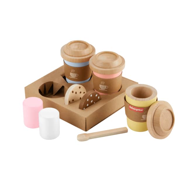 Kahve Dükkanı Temalı Taklit Oyunu Için Okul Öncesi Çağdaki Çocuklara Uygun, 15 Parçadan Oluşan Fisher-Price Ahşap Kahve Seti
