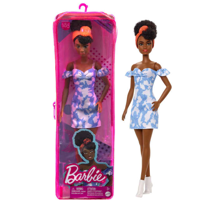 Barbie Fashionistas Puppe Im Schulterfreien Gebleichten Jeanskleid, Schwarze Haare, Bandana, Für Kinder Von 3 Bis 8 Jahren