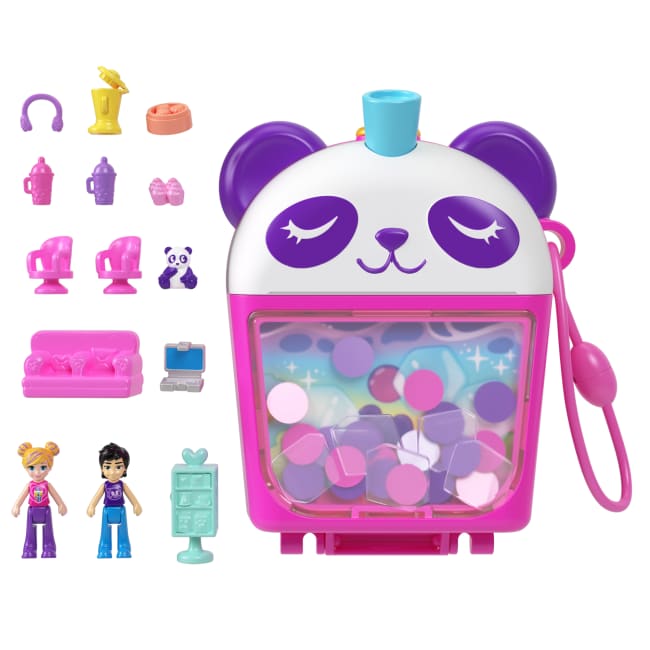 Polly Pocket Panda Bubble Tea, Cofanetto Con 2 Micro Bambole E Cucciolo Di Panda, Animale Giocattolo Con Accessori A Forma Di Cibo