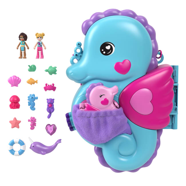 Polly Pocket Borsetta Cavallucci Marini Con 2 Mini Bambole, Cuccioli E 13 Accessori, Borsetta E Giocattolo 2-In-1, Con Shani