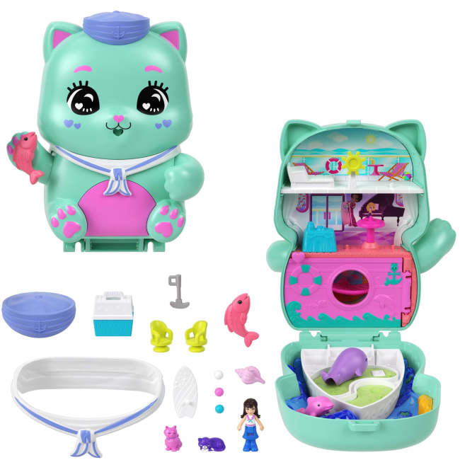 Polly Pocket Matrosenkatze-Schatulle, Spielset Mit 1 Kleinen Puppe Und Zwei Kätzchen, Spielzeug Für Unterwegs Mit Zubehör Für Mode Und Essen