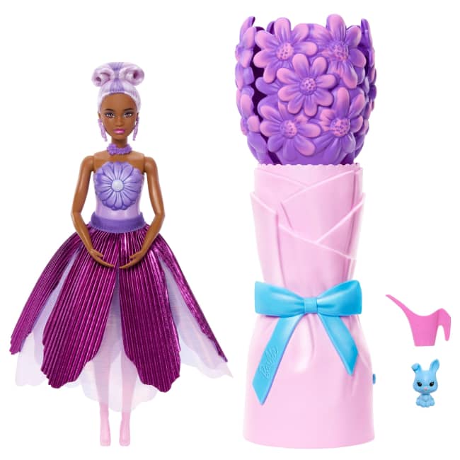 Muñeca Barbie Petal Pop Perfumada Con Vestido Morado, Accesorios Sorpresa Como Un Conejito Y Mucho Más