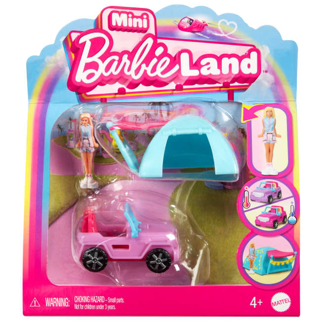 Barbie Mini Barbieland, Set Con Veicolo E Bambola Da 3,8 Cm, Suv Cambia Colore E Tenda