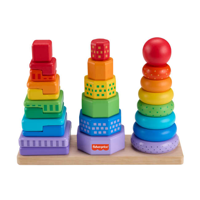 Fisher-Price Ξύλινες Πυραμίδες - Πολύχρωμα Σχήματα Παιχνίδι Λεπτής Κινητικότητας, 26 Ξύλινα Κομμάτια