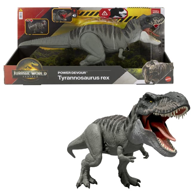 Figura De Tiranosaurio Rex Power Devour De Jurassic World: Rebirth Con Luces, Sonidos Y Mordiscos Continuos