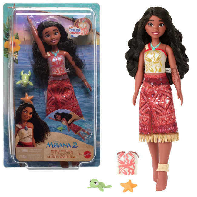 Disney Moana 2 Toys, Swimming Tautai Moana Fashion Doll With 2 Accessories & Color-Change Bodice