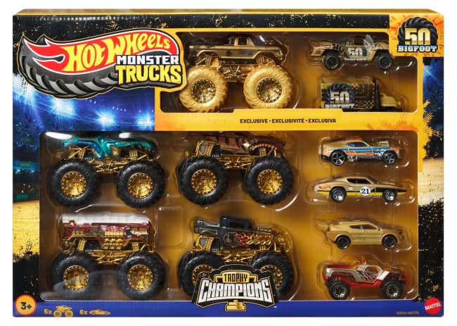 Hot Wheels Monster Trucks Bigfoot Trophy Şampiyonları Araba Ve Kamyon Çoklu Arabalar, 1:64 Ölçekli 5 Oyuncak Kamyon Ve 6 Metal Araba
