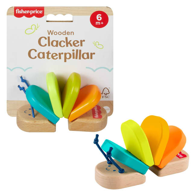 Fisher-Price Wooden Clacker Caterpillar Developmental Activity Rattle Toy For Baby, 1 Wood Piece