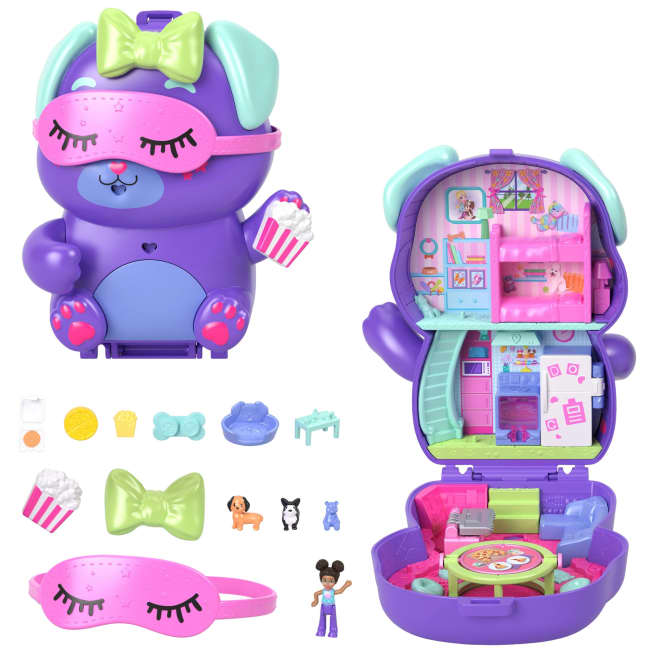 Polly Pocket Übernachtungsparty-Welpen-Spielset Mit 1 Kleinen Puppe Und Zwei Hündchen, Spielzeug Für Unterwegs Mit Zubehör Für Mode Und Essen