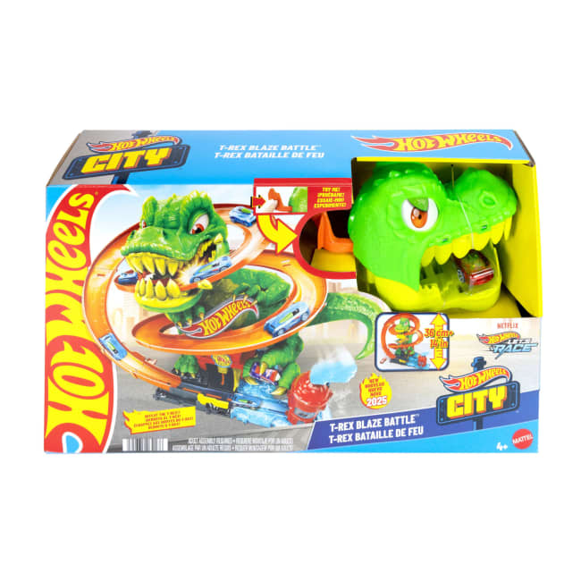 Hot Wheels City T-Rex Blaze Battle Playset & 1:64 Scale Die-Cast Car, Dinosaur Nemesis