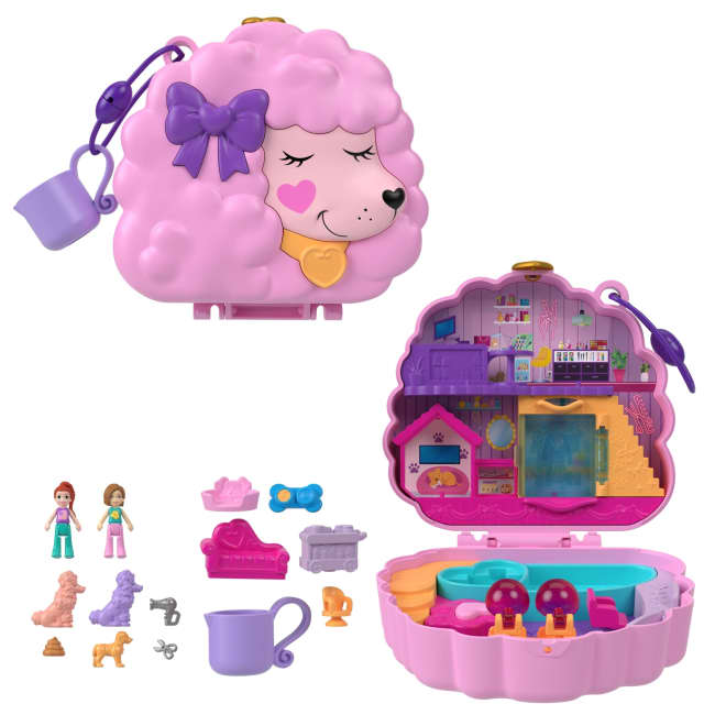 Polly Pocket Cofanetto Barboncino Toeletta Glam Playset Con 2 Micro Bambole, 12 Accessori E 5 Funzionalità