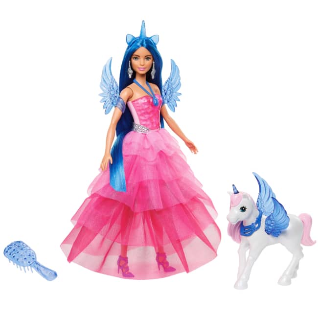 Barbie Einhorn-Spielzeug, Puppe Zum 65. Jubiläum Mit Blauen Haaren, Pinkfarbenem Kleid Und Haustier-Einhorn