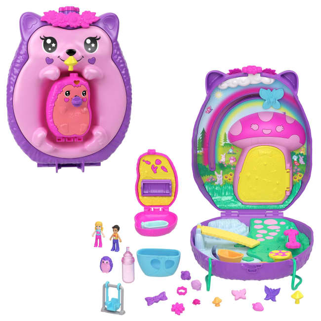Polly Pocket Mamá Y Bebé Erizo Conjunto De Juego De Bolso Con 2 Muñequitos Y 16 Accesorios, Incluidas Mascotas