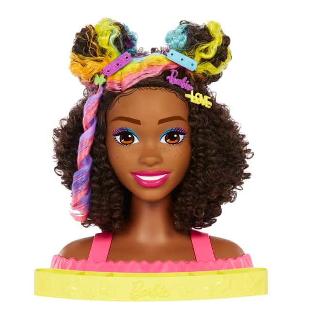 Barbie-Ultra Chevelure-Tête À Coiffer Brune Frisée Mèches Arc-En-Ciel