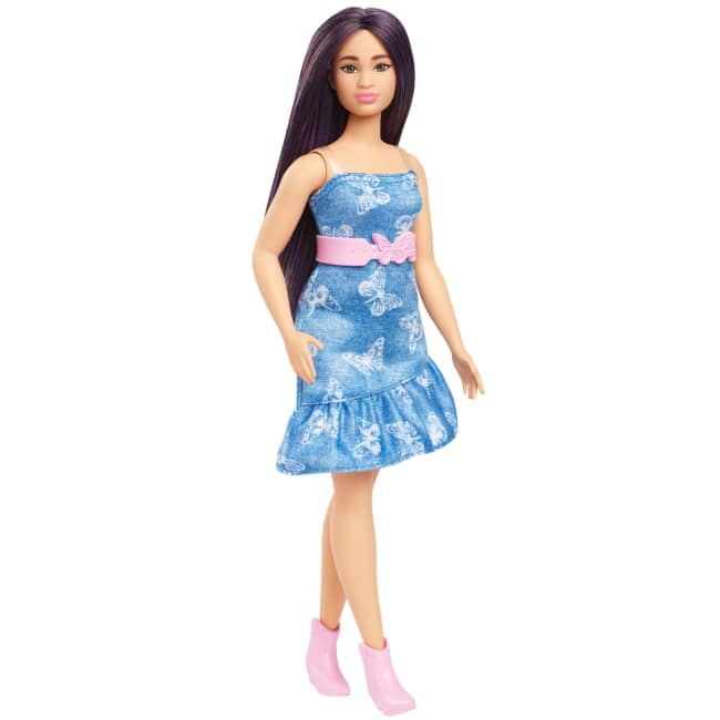 Barbie Fashionistas Doll #231 in Denim Butterfly Dress With Pink Belt, Purple Hair