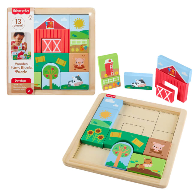 Fisher-Price Wooden Farm Blocks Puzzle Activity Toy For Toddlers & Kids, 14 Wood Pieces