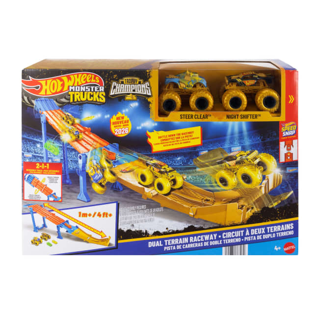 Hot Wheels Monster Trucks Dual Terrain Raceway, 4 Feet Long With 2 Toy Trucks & 2 Crushed Cars