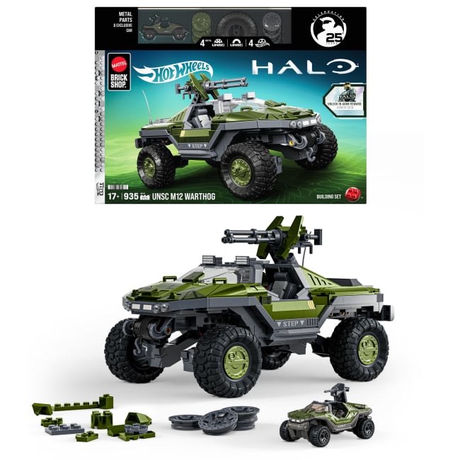 Mattel Brick Shop Hot Wheels Halo UNSC M12 Warthog Building Toy Kit (935 Pieces), For Collectors