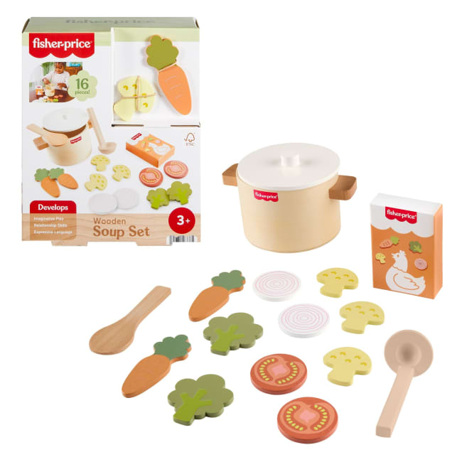 Fisher-Price Tiny Garden Wooden Veggie Soup Pretend Kitchen Play Set For Kids, 16 Wood Pieces