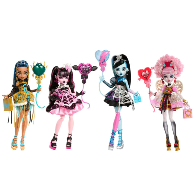Monster High Scary Sweet Birthday Dolls in Party Dresses With Accessories Like Balloons & Gifts