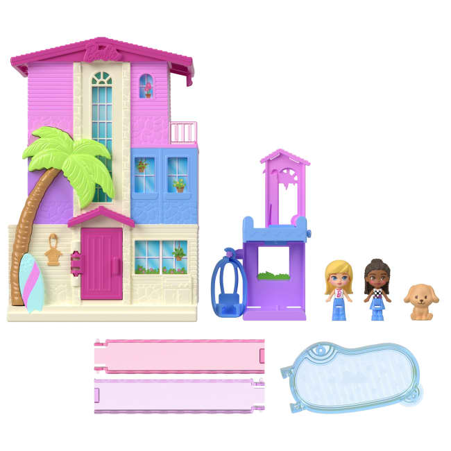Polly Pocket Dreamhouse Compact Playset With Micro Barbie & Brooklyn Dolls, Puppy, Pool & Accessories