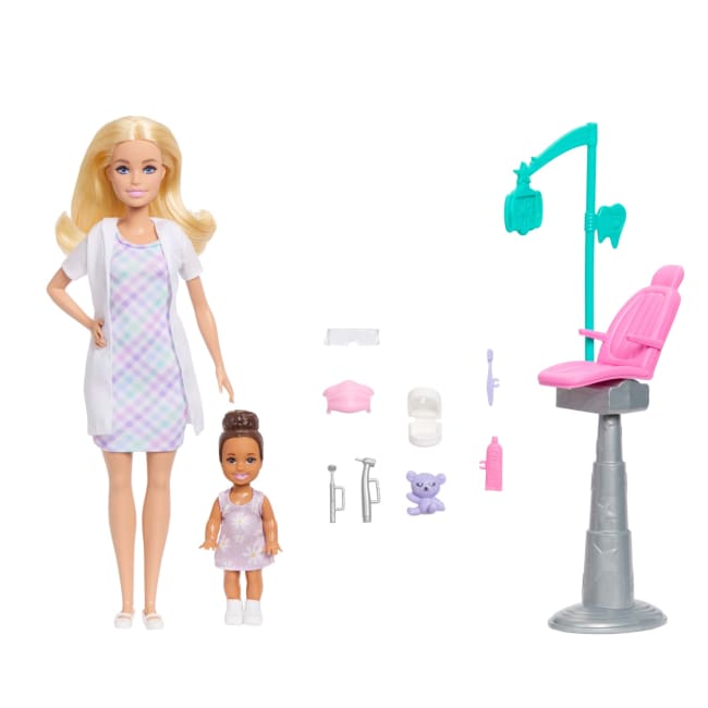 Barbie Careers Dentist Playset With Blonde Fashion Doll, Small Doll, Examination Chair & Accessories