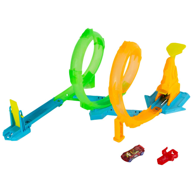 Hot Wheels Neon Speeders Double Loop Dash Track Set With 1:64 Scale Toy Car