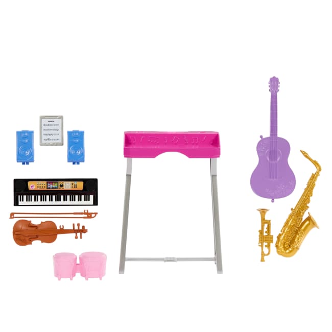 Barbie World Music Class Accessories With 6 Instruments, Keyboard Stand, Speakers And Sheet Music