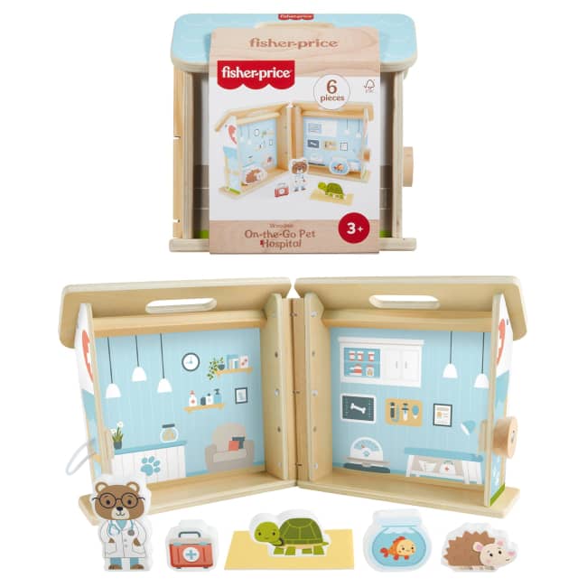 Fisher-Price Wooden On-The-Go Pet Animal Hospital With 6 Play Pieces For Preschool Kids