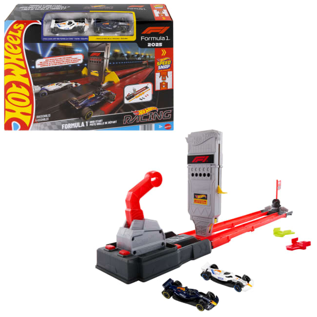 Hot Wheels Racing Formula 1 Grid Start Track Set & 2 Die-Cast F1 Cars in 1:64 Scale