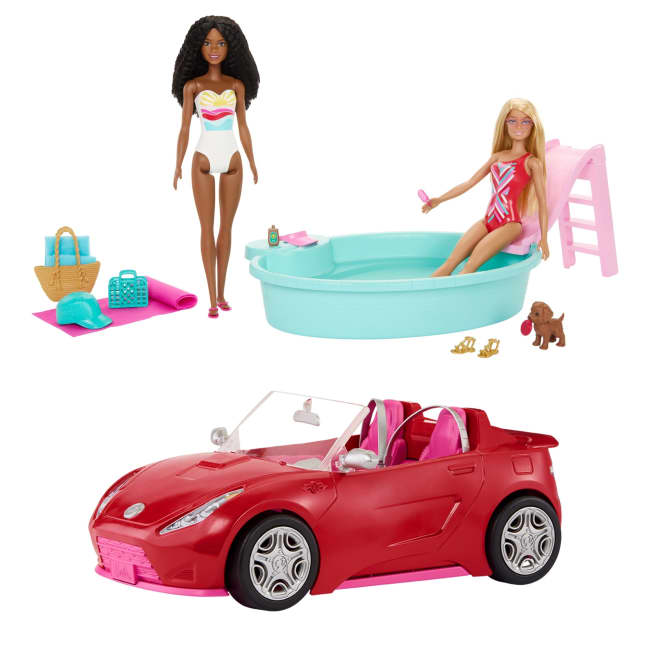 Barbie Playset With 2 Fashion Dolls, Convertible Toy Car, Pool With Slide & 15 Accessories Including Pet