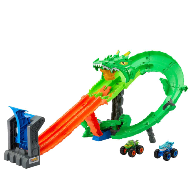 Hot Wheels Monster Trucks Sharks vs Dinos Dragon Destruction Playset & 2 Toy Trucks
