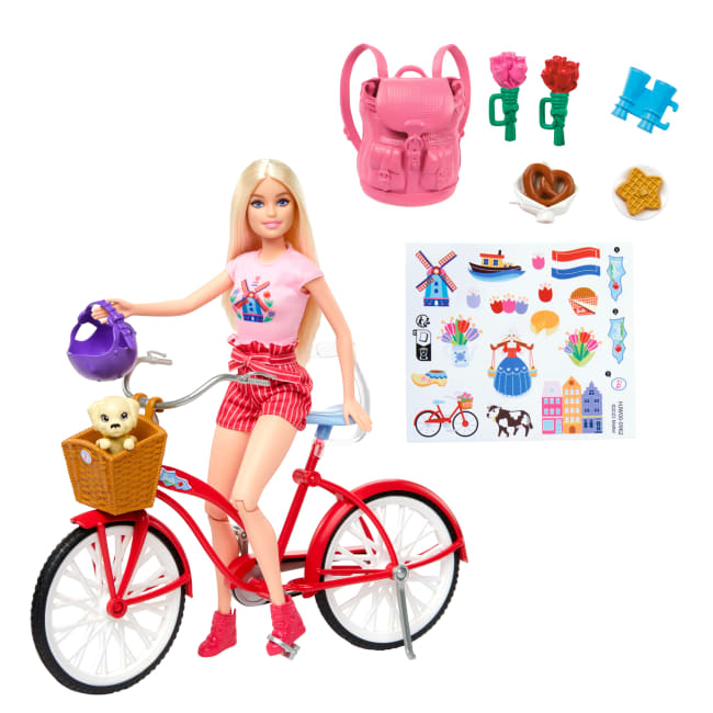 Barbie Pink Passport Holland Doll Set With Bicycle, Clothes, & Travel Accessories