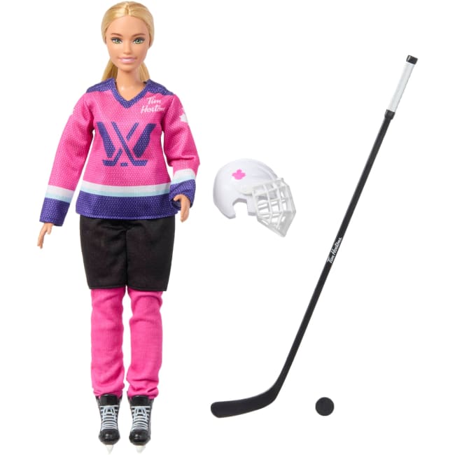 Barbie Tim Hortons PWHL Fashion Doll in Pink, Purple, & Teal Hockey Jersey, includes Hockey Accessories