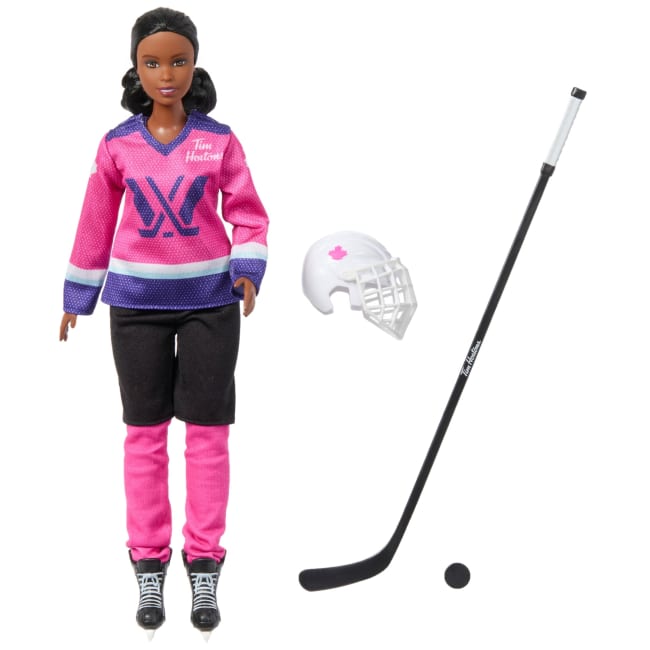 Barbie Tim Hortons PWHL Fashion Doll in Pink, Purple, & Teal Hockey Jersey, includes Hockey Accessories