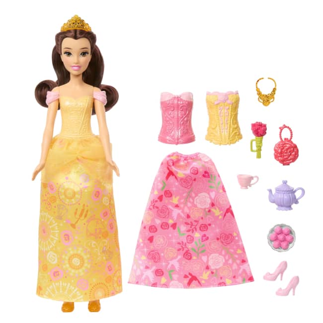 Disney Princess 2-In-1 Stories Belle Fashion Doll With 2 Snap-On Bodices, 2 Skirts & 9 Accessories
