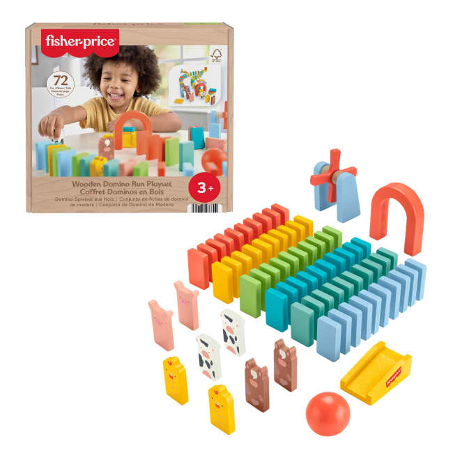 Fisher-Price Wood Preschool Game Domino Run Playset, 72-Piece Wooden Building Set For Kids Ages 3+ Years