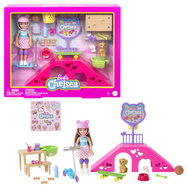Barbie Toys, Chelsea Doll And Accessories, Skatepark Playset With 2 Puppies And 15+ Pieces