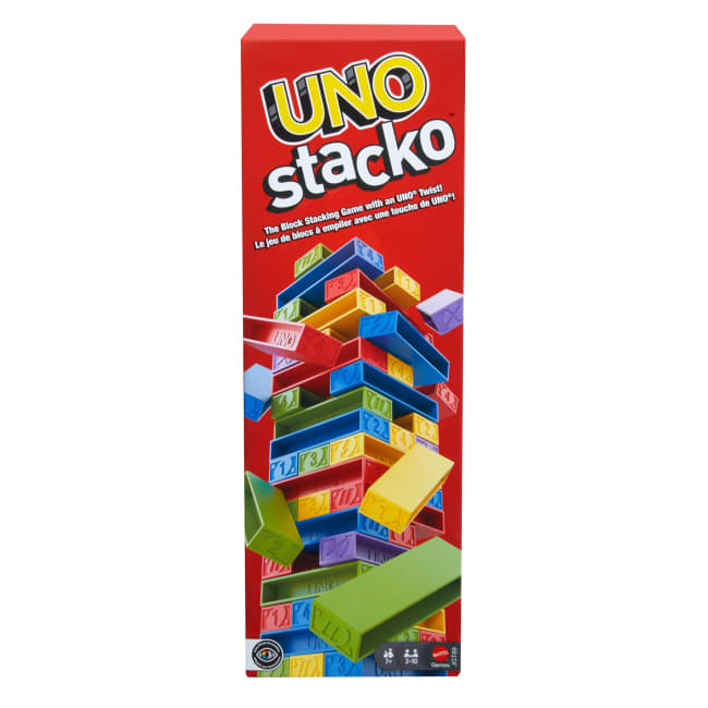 UNO Stacko Game For Kids & Family With 45 Colored Stacking Blocks & Tray