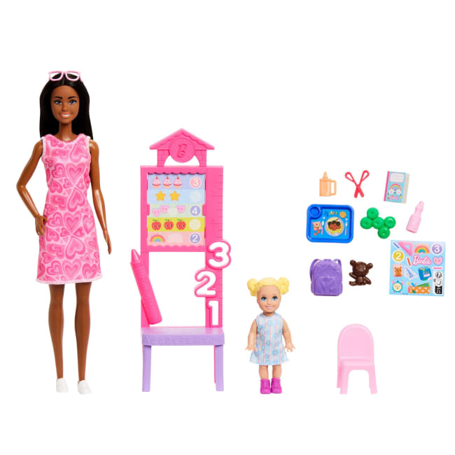 Coffret Barbie Carrières enseignante Avec Poupée Mode, Poupée de Tout-Petit, Tableau Noir et Accessoires