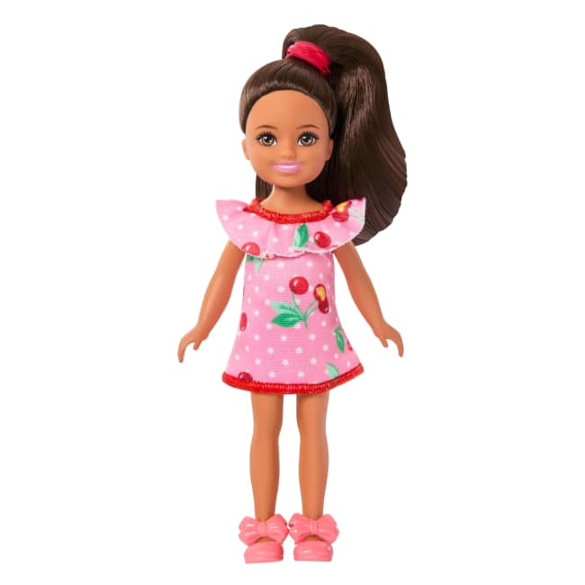 Barbie Club Chelsea Lula Small Doll, 6-inch With Brunette Hair in Cherry-Print Dress & Sandals